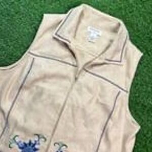 Bechamel Vest 1X Tan Faux Suede Western Floral‎ Embroidered Zip Up VTG Boho